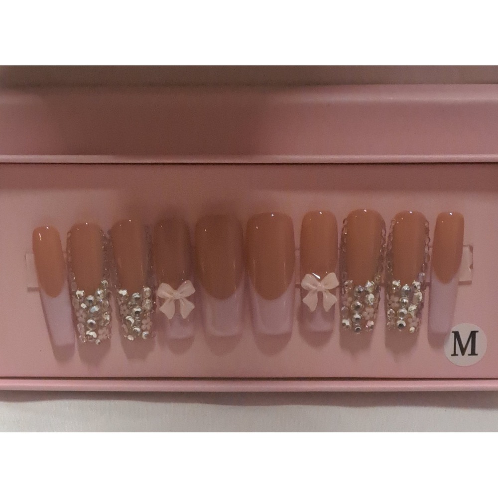 Handmade Medium Tapered Square Press On Nails Nude French Bow Rhinestone Acrylic